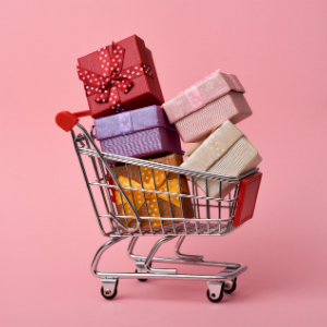A shopping cart with gifts inside