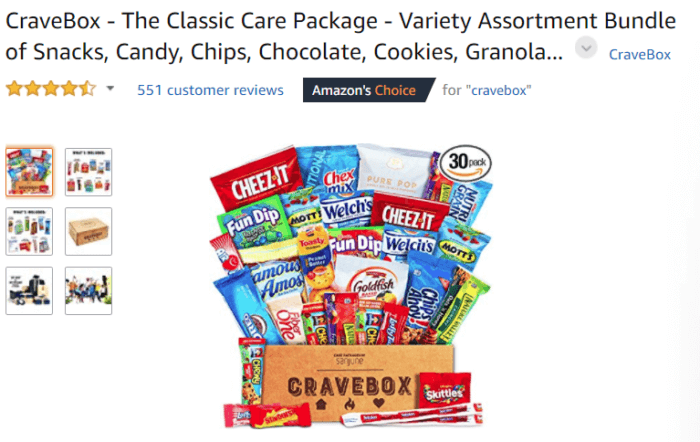 Crave box of snacks, candy, chips, chocolate, and cookies