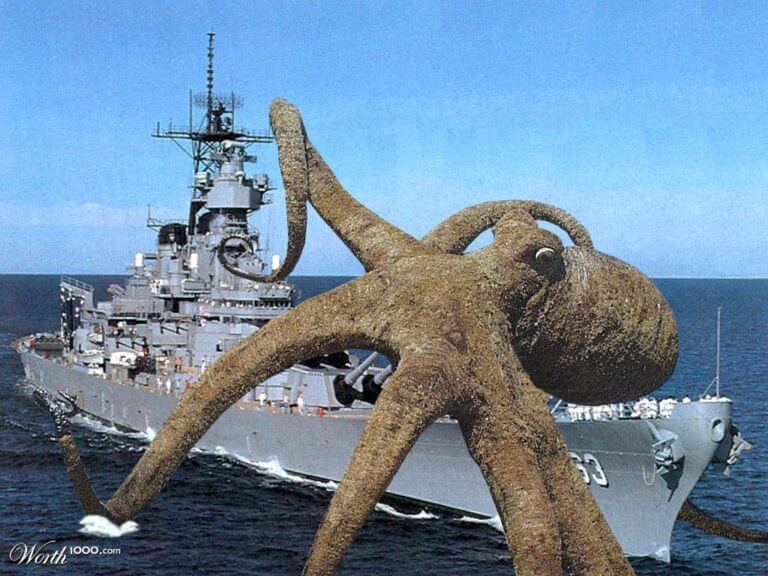 A giant octopus threatening a ship