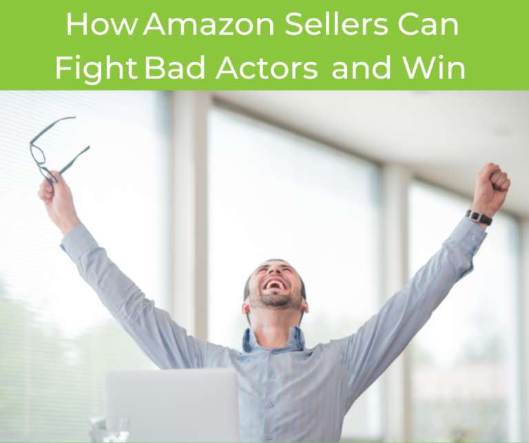 A man with a victory gesture on a blogpost entitled How Amazon Sellers Can Fight Bad Actors and Win