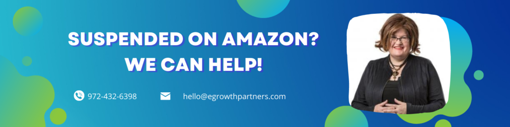 A CTA Banner entitled "Suspended on Amazon? We can Help" with Cynthia Stine, eGrowth Partner's CEO