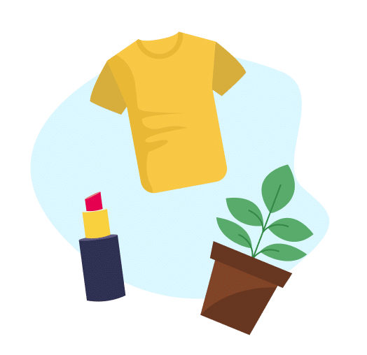 a lipstick, shirt, and a plant