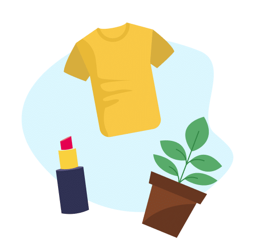 a lipstick, shirt, and a plant